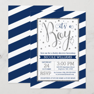 Invitación Navy Blue Silver Stripes Boy Baby Shower