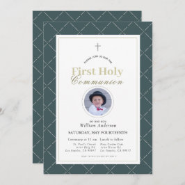 Invitación Navy Blue Simple Boy Photo First Holy Communición