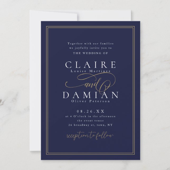 Invitación Navy Blue Simple Elegance Romantic Script Boda (Anverso)