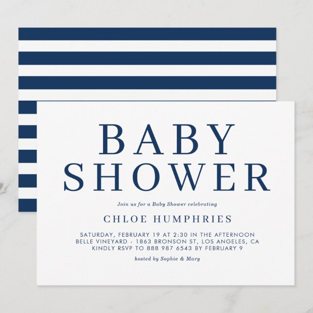 Invitación Navy Blue Simple Typography Stripe Boy Baby Shower (Anverso / Reverso)