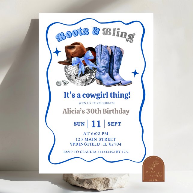Invitación Navy Blue Space Cowgirl Boots and Bling Birthday  (Subido por el creador)