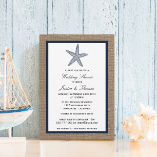 Invitación Navy Blue Starfish On Burlap Beach Wedding Shower