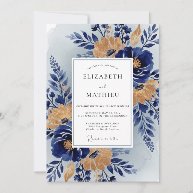Invitación Navy Blue Stately Botanical Wedding (Anverso)