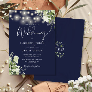 Invitación Navy Blue String Luces Boda Monograma Floral