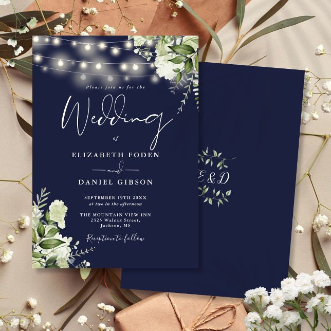Invitación Navy Blue String Luces Boda Monograma Floral (Navy Blue String Lights Floral Monogram Wedding Invitation)