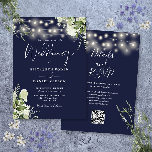 Invitación Navy Blue String Luces Floral QR Code Boda (Navy Blue String Lights Floral QR Code Wedding Invitation)