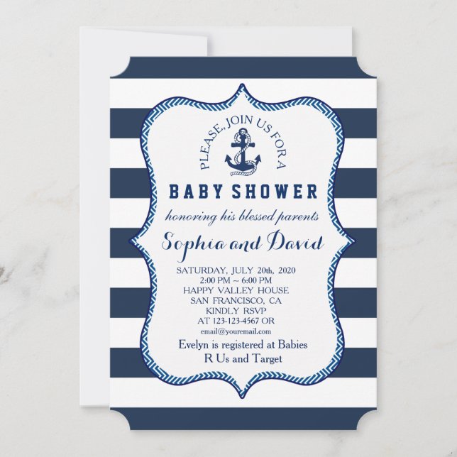 Invitación Navy Blue Stripes Nautical Theme BABY SHOWER (Anverso)