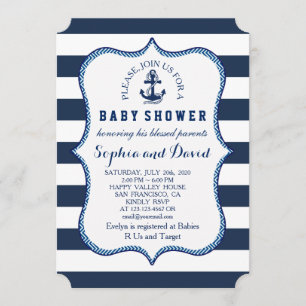 Invitación Navy Blue Stripes Nautical Theme BABY SHOWER