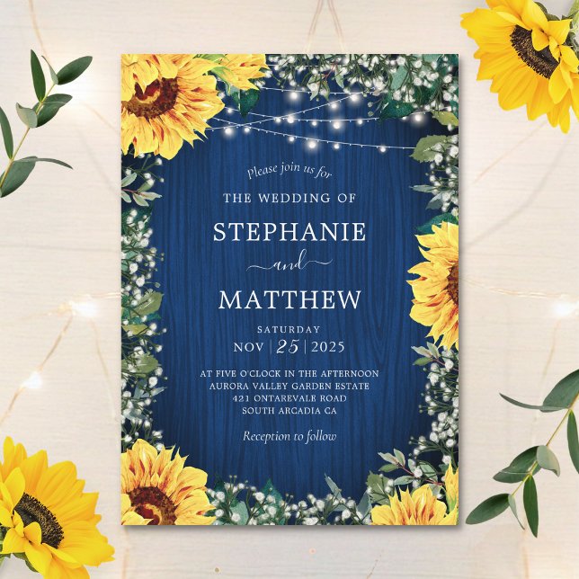 Invitación Navy Blue Sunflower enciende a un Boda ruso (Subido por el creador)
