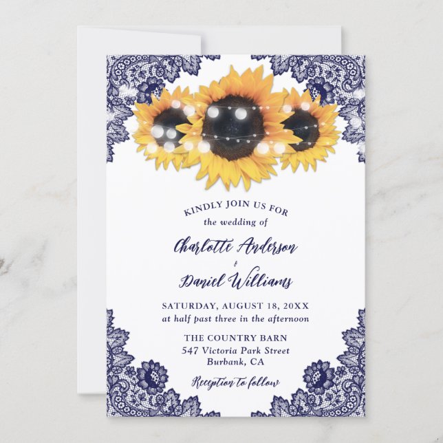 Invitación Navy Blue Sunflower Floral Lace Rustic Wedding (Anverso)