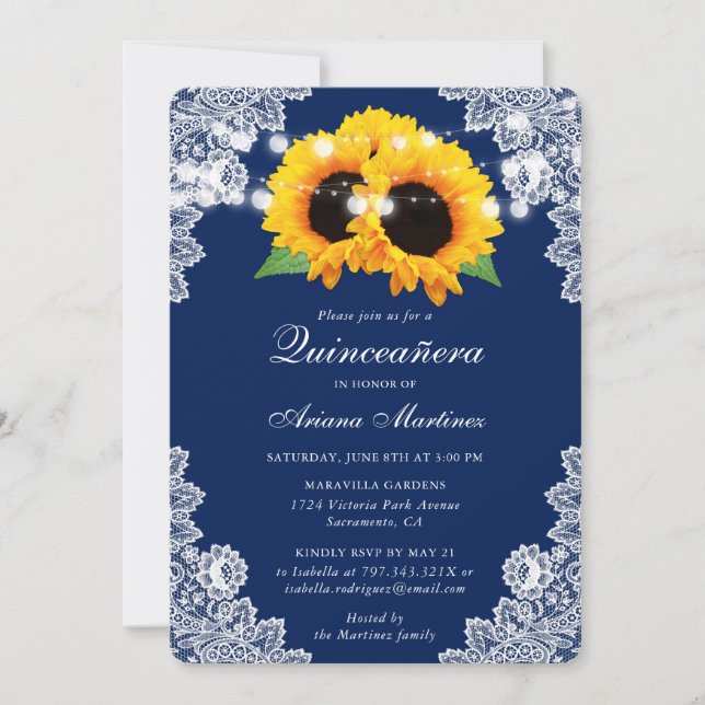 Invitación Navy Blue Sunflower Quinceañera (Anverso)
