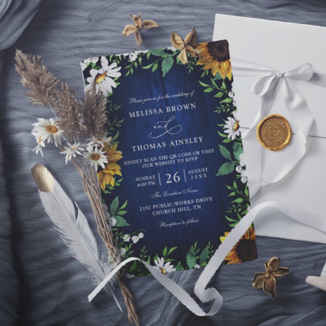 Invitación Navy Blue Sunflower Rustic Budget QR Code Wedding (Subido por el creador)