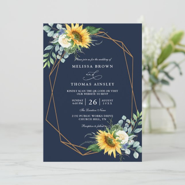 Invitación navy blue Sunflower white peony qr code wedding (Anverso de pie)