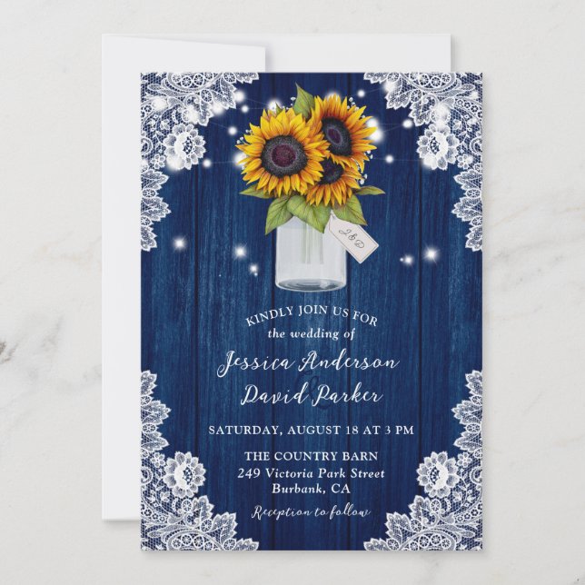 Invitación Navy Blue Sunflower Wood Lace Mason Jar Boda (Anverso)