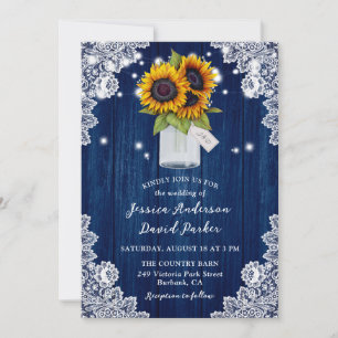Invitación Navy Blue Sunflower Wood Lace Mason Jar Boda