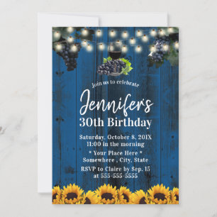 Invitación Navy Blue Sunflowers Vineyard Wine 30 cumpleaños