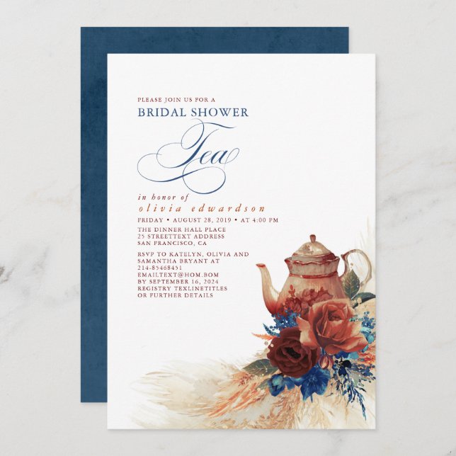 Invitación Navy Blue Terracotta Floral Bridal Shower Tea (Anverso / Reverso)