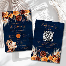 Invitación Navy Blue Terracotta Rust QR Código Pampas Grasa