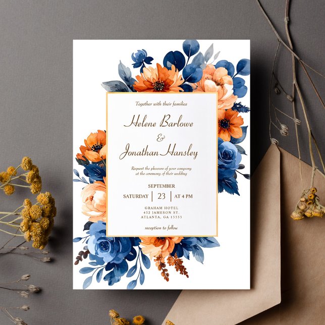 Invitación Navy Blue Terracotta Watercolor Floral Elegant (Navy Blue Terracotta Watercolor Floral Elegant Invitation)