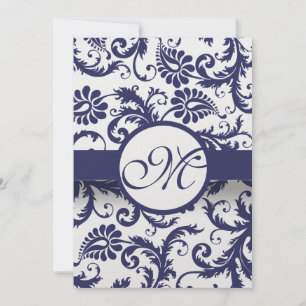 Invitación Navy Blue Vintage Floral Damask Monogram Wedding