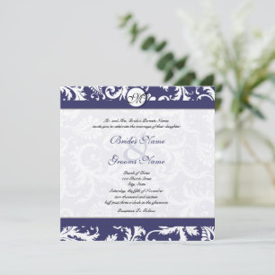 Invitación Navy Blue Vintage Floral Damask Monogram Wedding