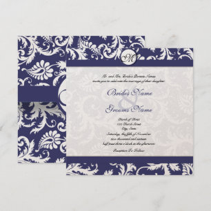 Invitación Navy Blue Vintage Floral Damask Monogram Wedding