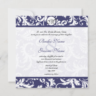 Invitación Navy Blue Vintage Floral Damask Monogram Wedding