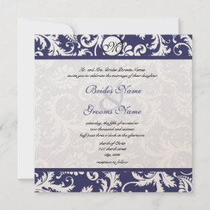 Invitación Navy Blue Vintage Floral Damask Monogram Wedding