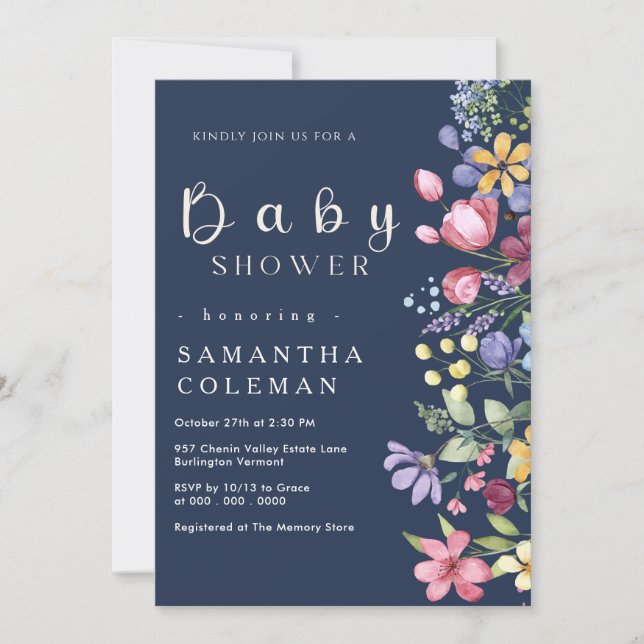 Invitación Navy Blue Watercolor Boho Wildflower Baby Shower (Anverso)