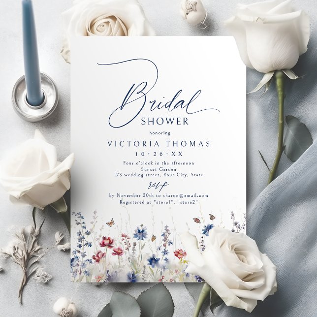 Invitación Navy Blue Watercolor Wildflower Bridal Shower (Navy Blue Watercolor Wildflower Bridal Shower Invitation)