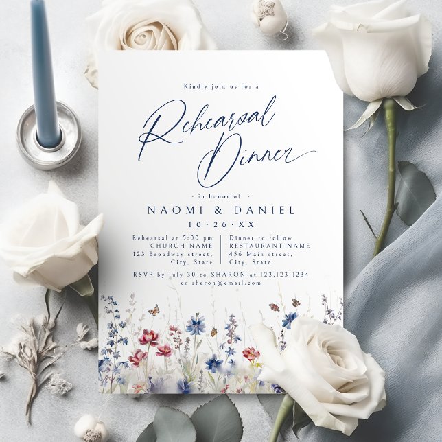 Invitación Navy Blue Watercolor Wildflower Rehearsal Dinner (Navy Blue Watercolor Wildflower Rehearsal Dinner Invitation)