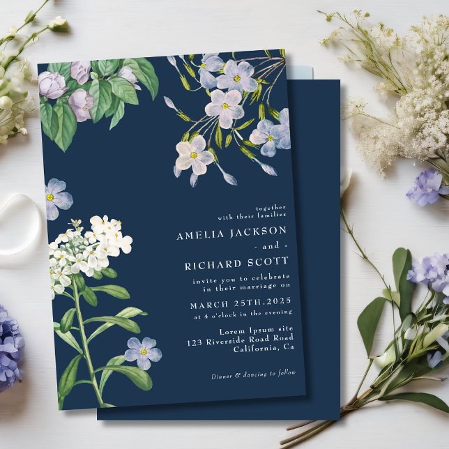 Invitación Navy blue watercolor wildflowers classic wedding (Subido por el creador)