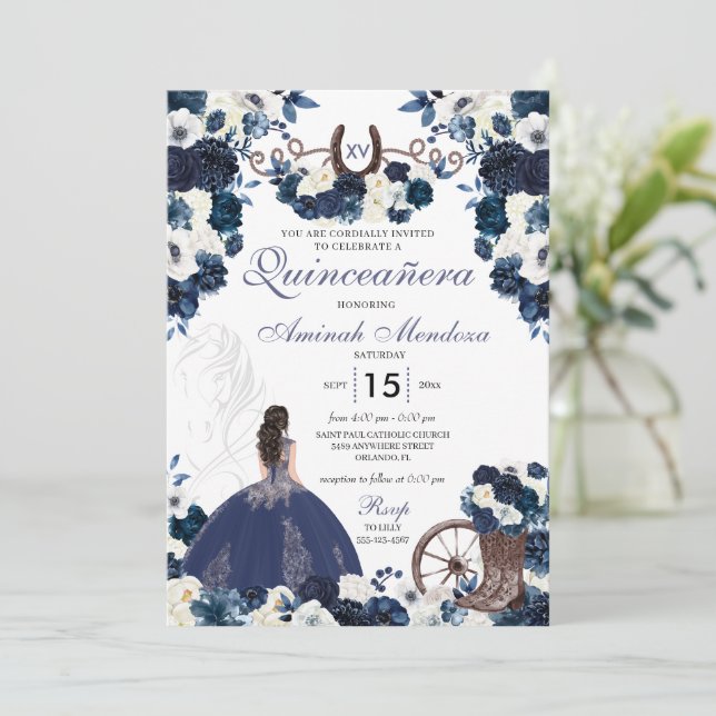 Invitación Navy Blue Western Charra Floral Boots Quinceañera (Anverso de pie)