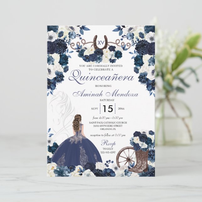Invitación Navy Blue Western Charra Floral Boots Quinceañera (Anverso de pie)