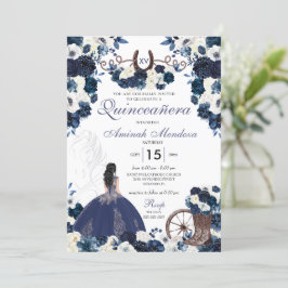 Invitación Navy Blue Western Charra Floral Boots Quinceañera