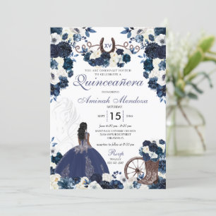 Invitación Navy Blue Western Charra Floral Boots Quinceañera