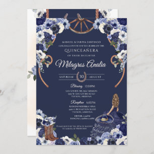Invitación Navy Blue Western Charro Rustic Quinceanera