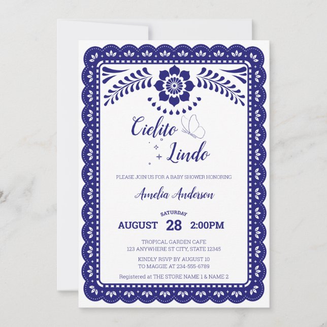 Invitación Navy Blue & White Cielito Lindo Talave Baby Shower (Anverso)