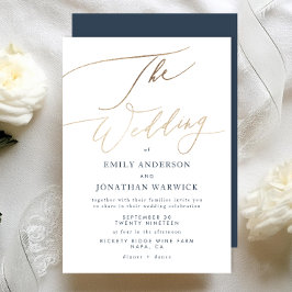 Invitación Navy Blue White Elegant Faux Gold El Boda