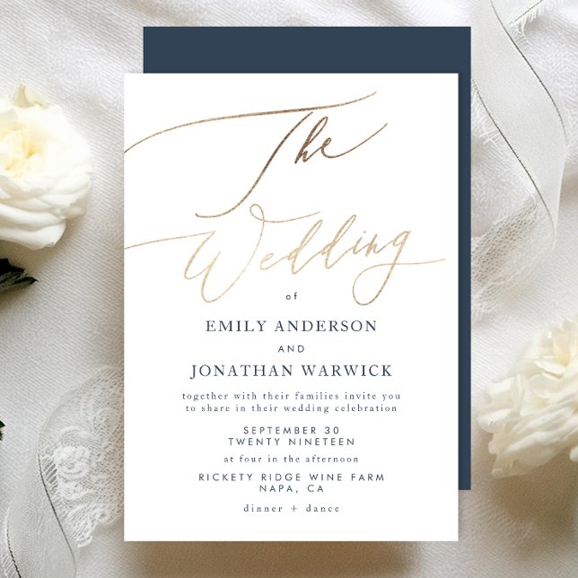 Invitación Navy Blue White Elegant Faux Gold El Boda (Subido por el creador)