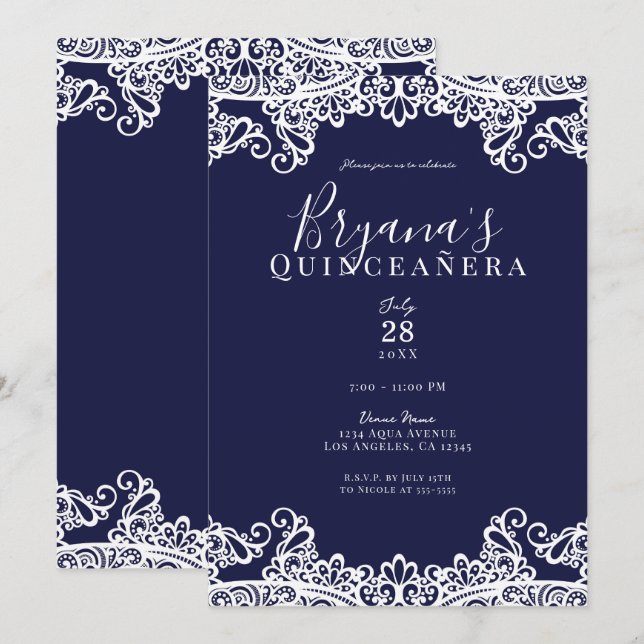 Invitación Navy Blue & White Lace Elegante Quinceañera (Anverso / Reverso)