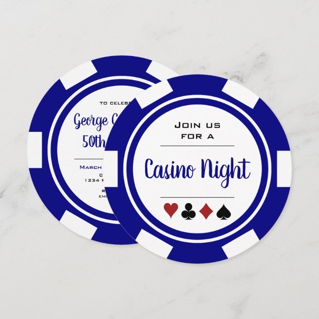 Invitación Navy Blue White Poker Chip Casino Nacimiento (Anverso / Reverso)