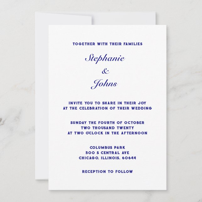 Invitación Navy Blue White Simple Minimal Elegante Boda (Anverso)