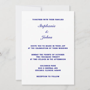 Invitación Navy Blue White Simple Minimal Elegante Boda