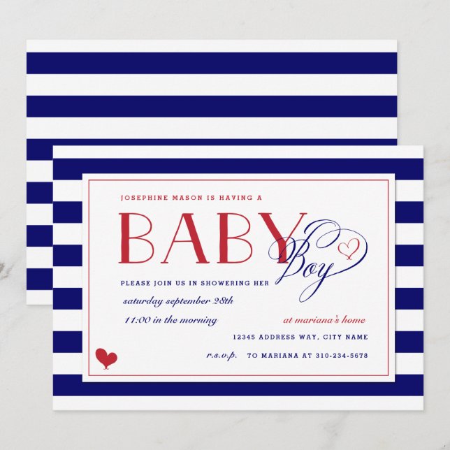 Invitación Navy Blue & White Stripe Red Baby Shower Boy (Anverso / Reverso)