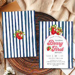 Invitación Navy Blue White Stripes Strawberry Primer cumpleañ