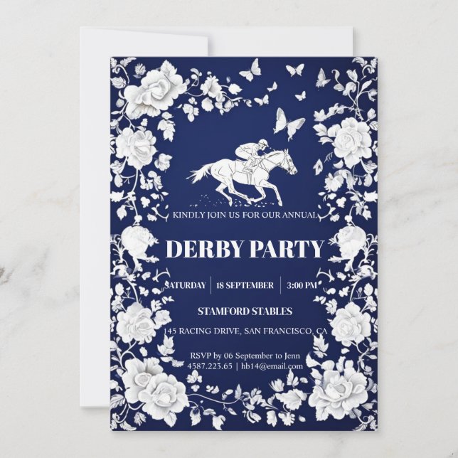 Invitación Navy Blue & White Toile Floral Kentucky Derby Invi (Anverso)