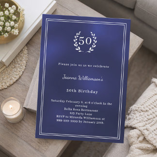 Invitación Navy blue white wreath minimalist birthday