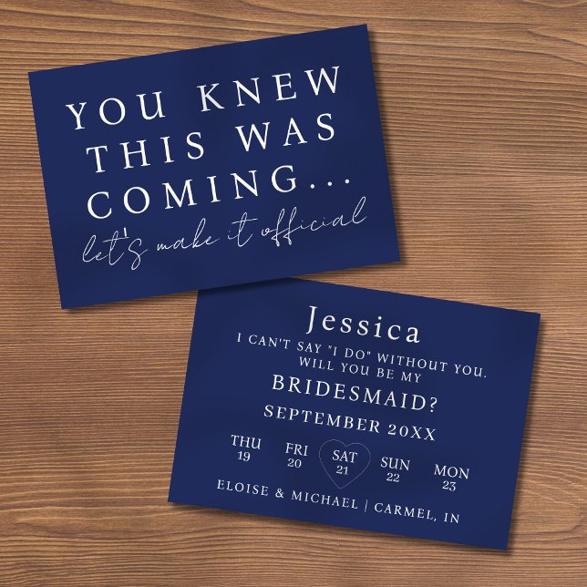 Invitación Navy Blue Will You Be My Bridesmaid Proposal Card (Pop the question to your bridal party with this Will You Be My Bridesmaid Proposal Card! )