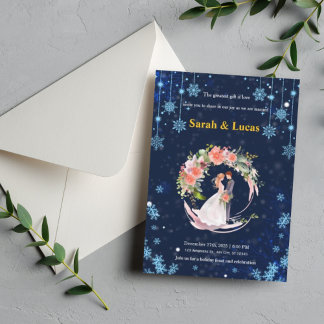 Invitación Navy Blue Winter Snow Floral Wreath Wedding Invite